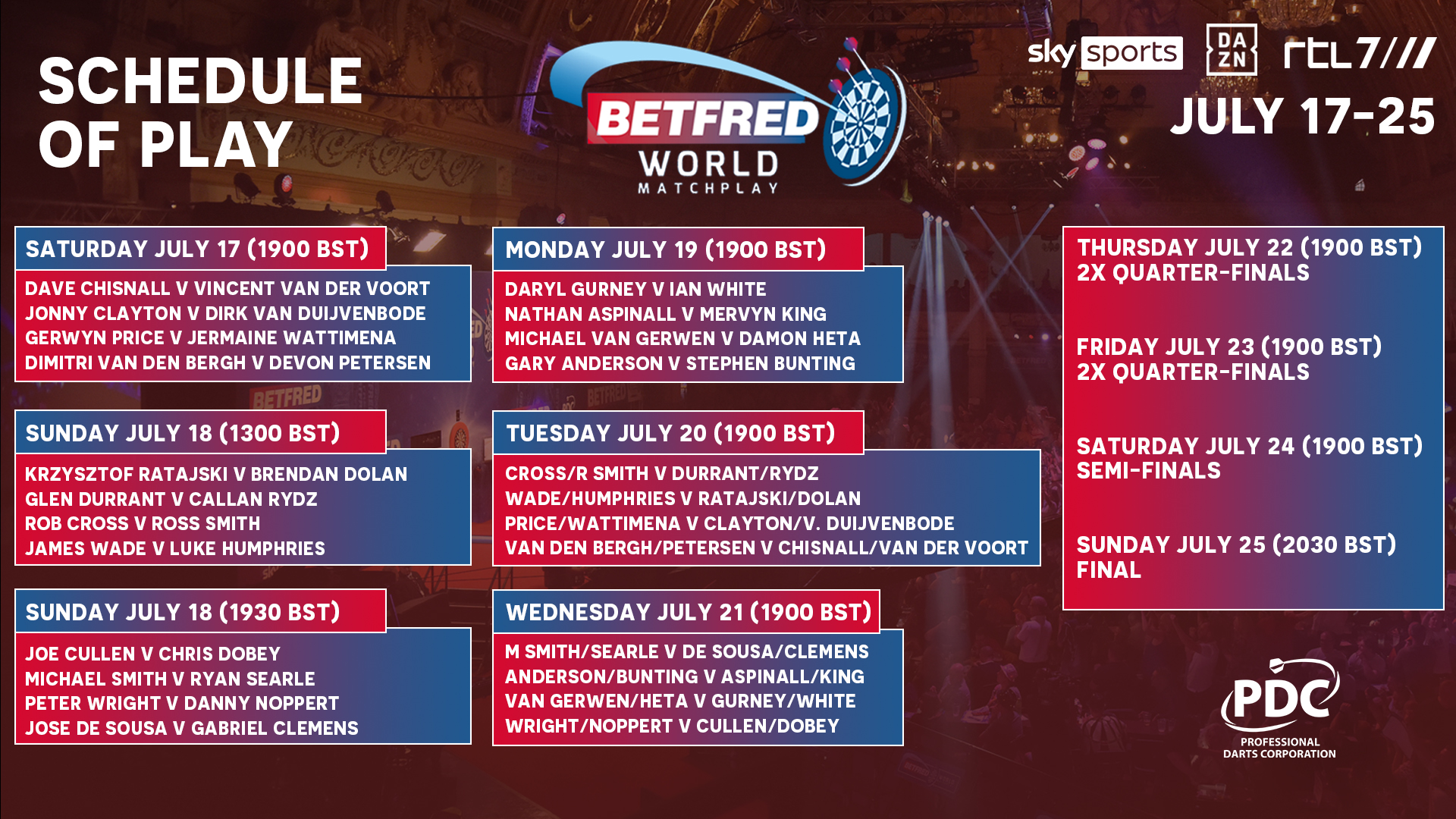 2021 Betfred World Matchplay Schedule of Play PDC